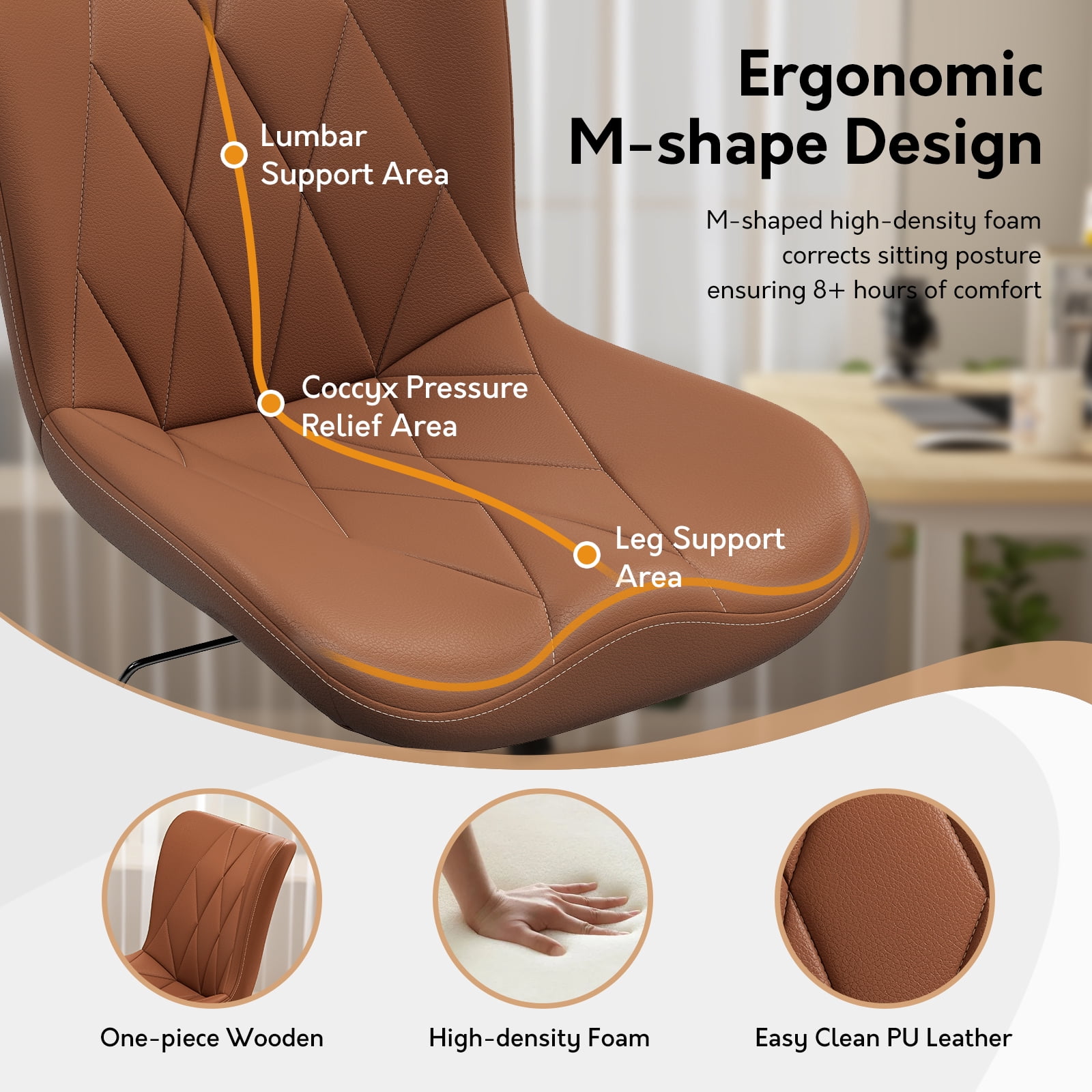 Ninecer Adjustable Armless Office Chair, Leather Desk Chair with Wheels, Office Chair for Home Office, Computer Rolling Chair for Adults, Comfy Task Chair, Brown