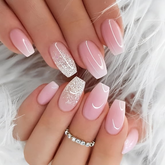 RAGUPEL Light Pink Press on Nails Short Coffin Fake Nails Shimmer Bling False Nails with Silver Glitter Designs Gradient Glue on Nails Full Cover Acrylic Nails for Women 24 Pcs