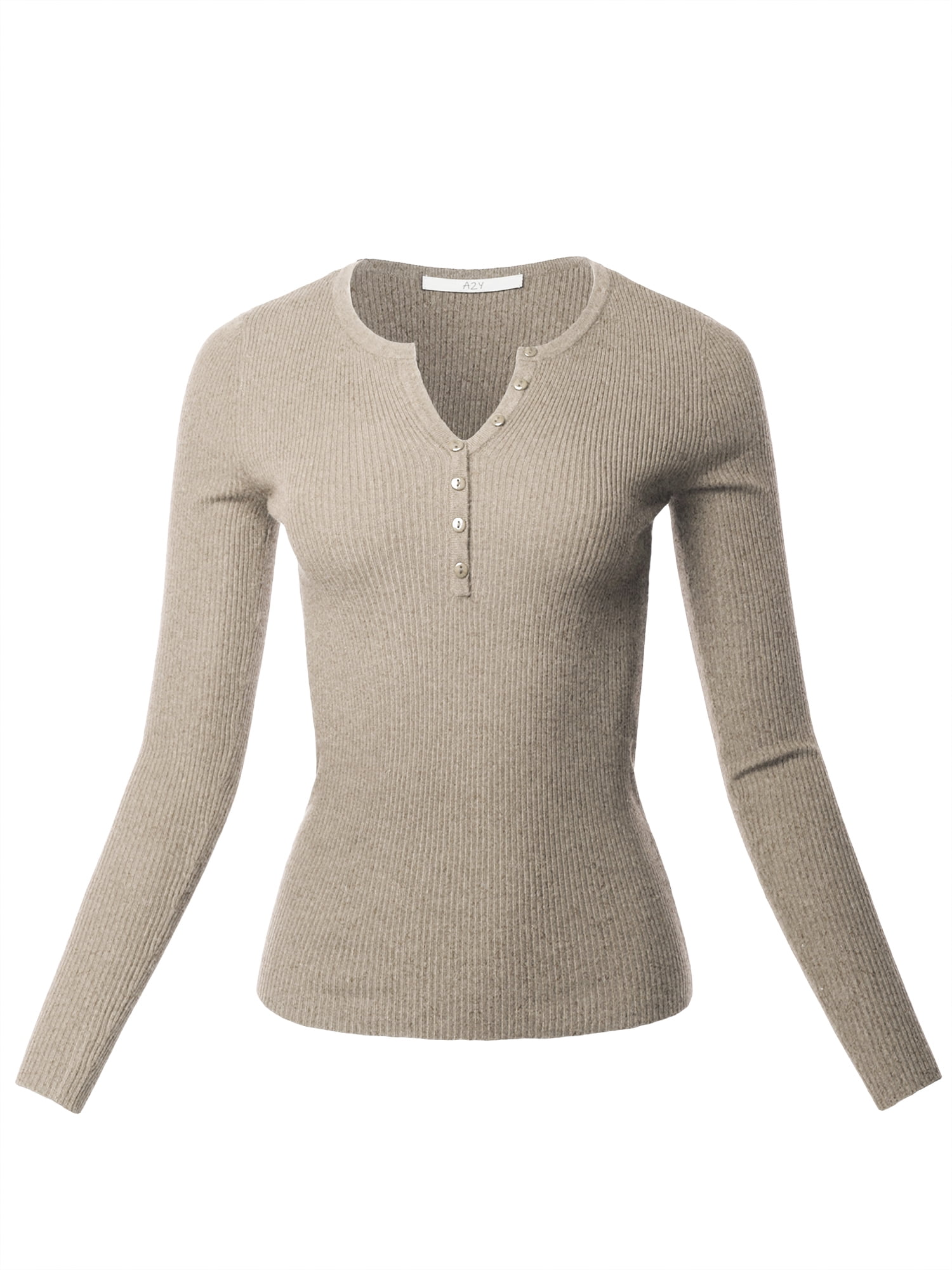 A2y Womens Fitted Ribbed Long Sleeve Henley Sweater Heather Taupe M