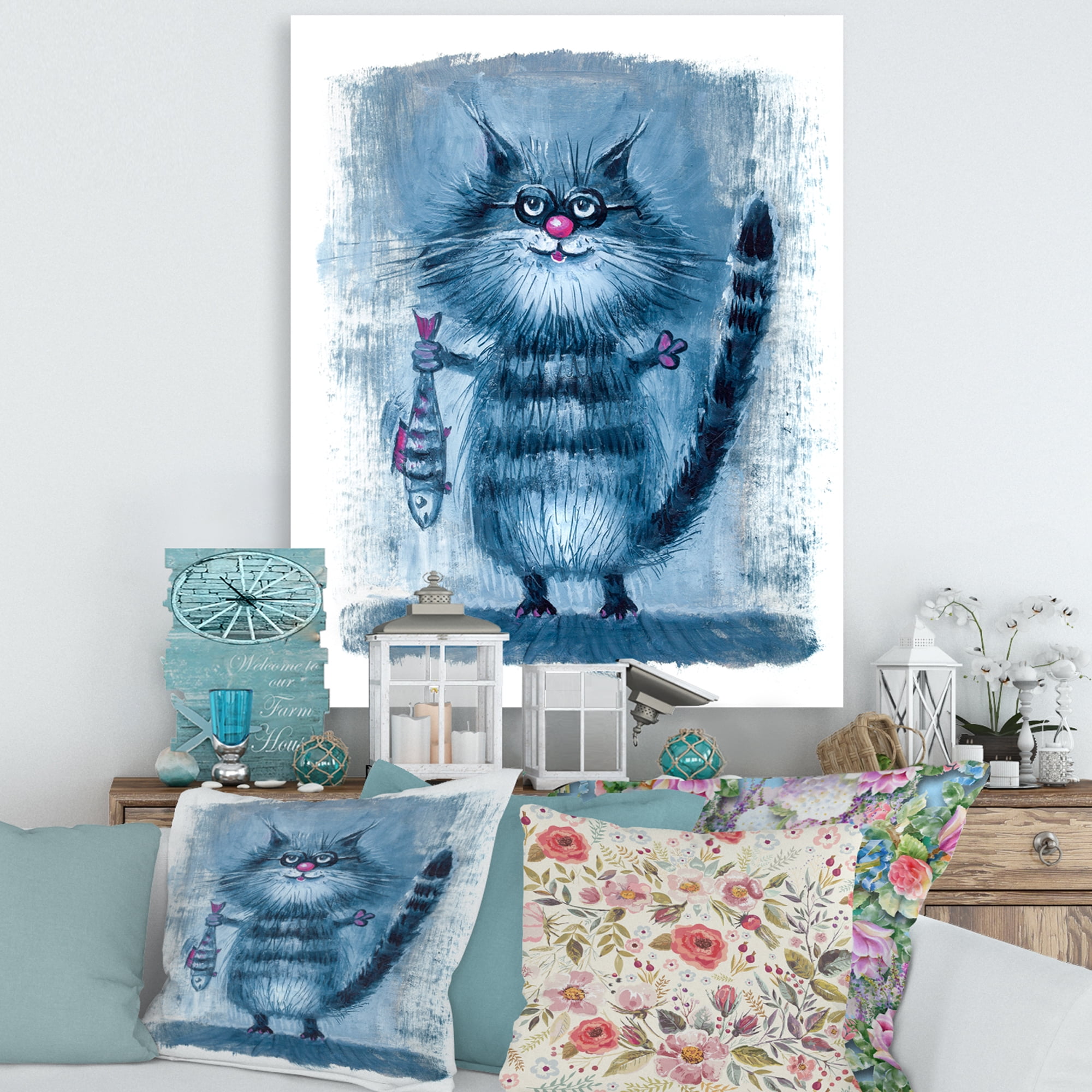 Designart ' Standing Cat Holding A Fish In Its Claws ' Nautical & Coastal Canvas Wall Art Print