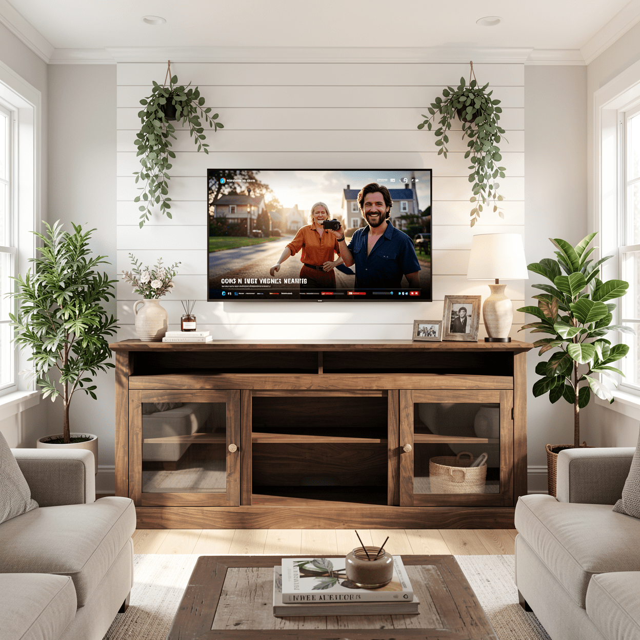 Homy Casa TV Stand for 65 Inch TV with Storage Cabinets and Cable Management for Living Room, Brown