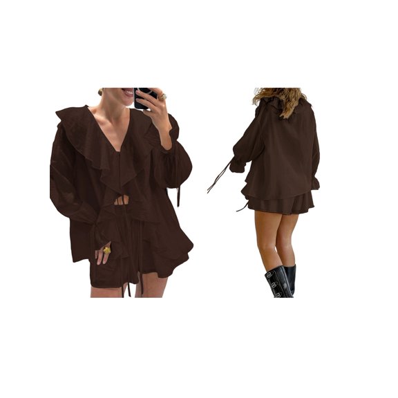Women 2 Piece Outfits V Neck Ruffle Tie Front Blouse Tops Lounge Sets Brown M