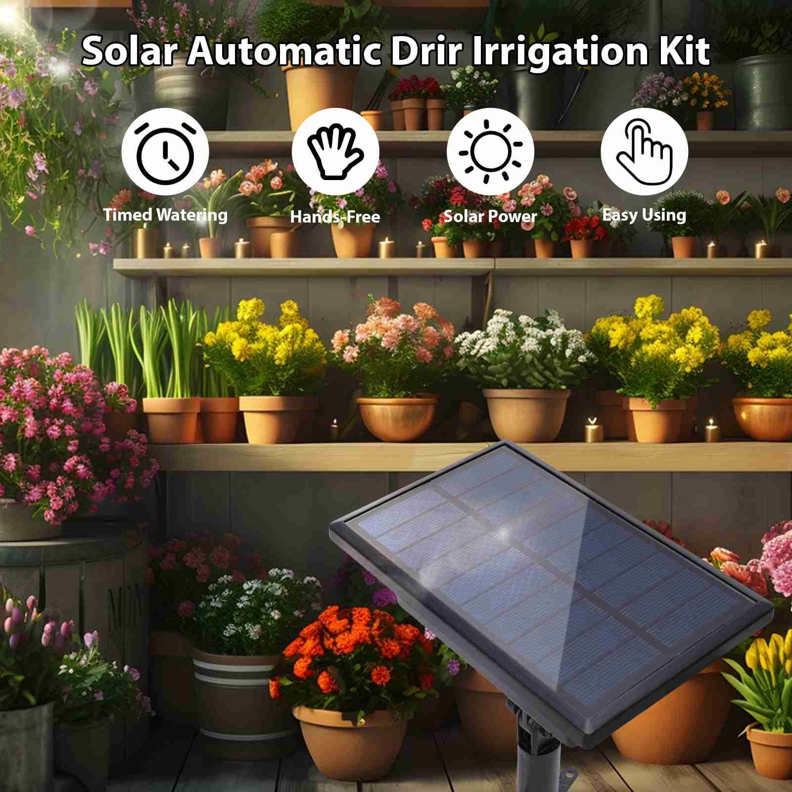 Nieyigj Solar Drip Irrigation Kit for 10 Potted Plants, Includes 6 Timer Modes, 400ml/min Flowrate, 32.8 ft / 10m Hose, and Automatic Plant Watering Devices with Inserted Stake, Black