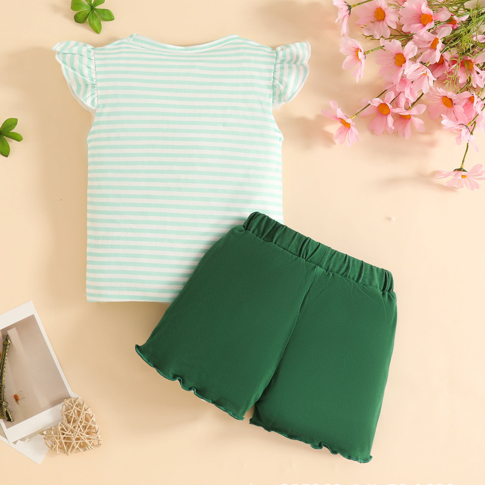Staki Baby Girl St. Patricks Day Outfits Toddler Lucky Charm Tshirt Ruffle Clover Print Tops+Ruffle Cuff Striped Pants Set St. Patrick's Day Shorts 3-24M 2-3Y(Green,2-3 Years)