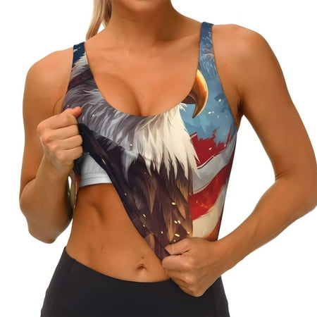 Qokaie Bald Eagle Pilot Pattern Womens Scoop Neck Sports Bra Breathable Workout Vest Padded U Back Medium Impact Fitness Gym Yoga Bra Workout Crop Top
