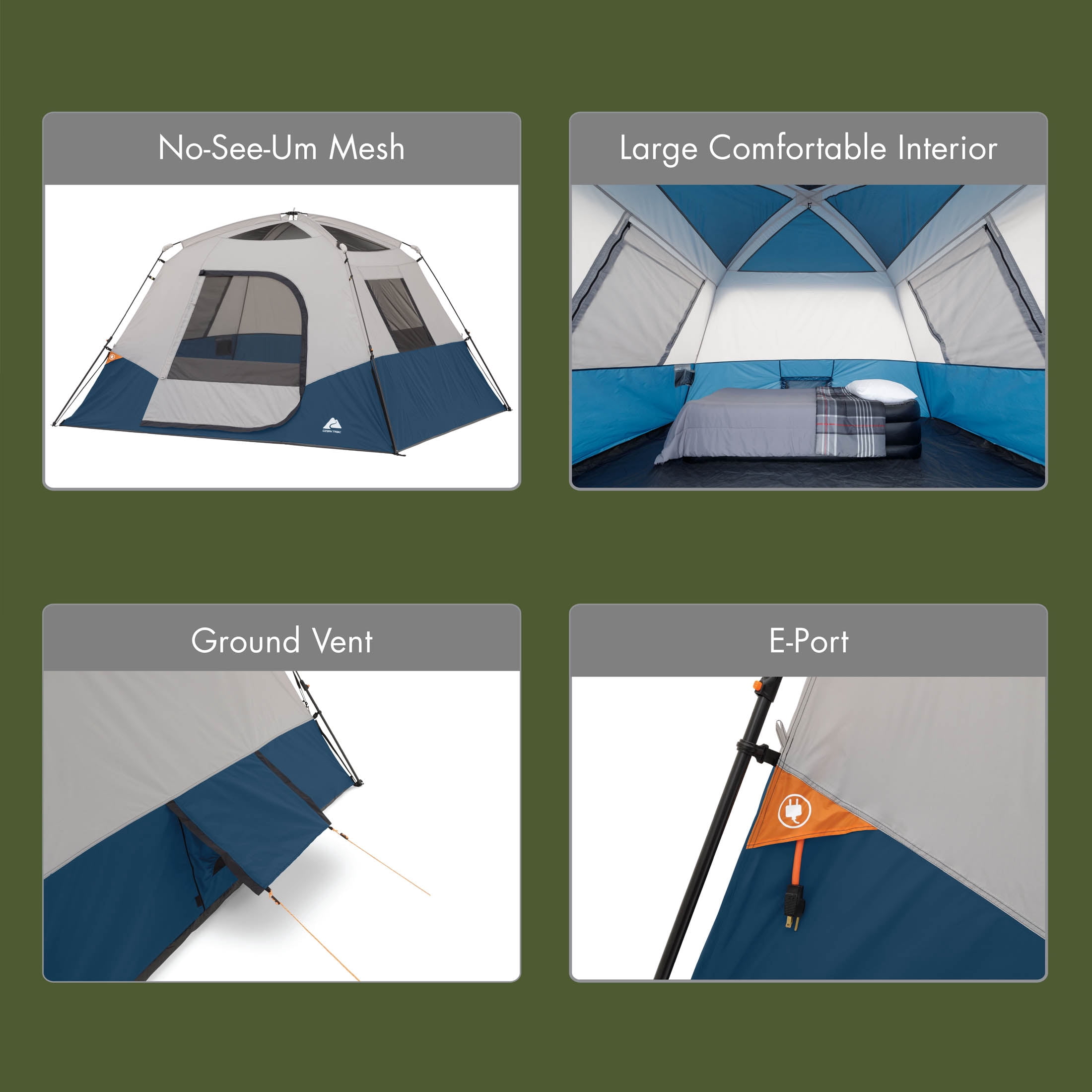 Ozark Trail 6 Person Family Instant Cabin Tent, 10' x 9' x 66", made with recycled materials, blue