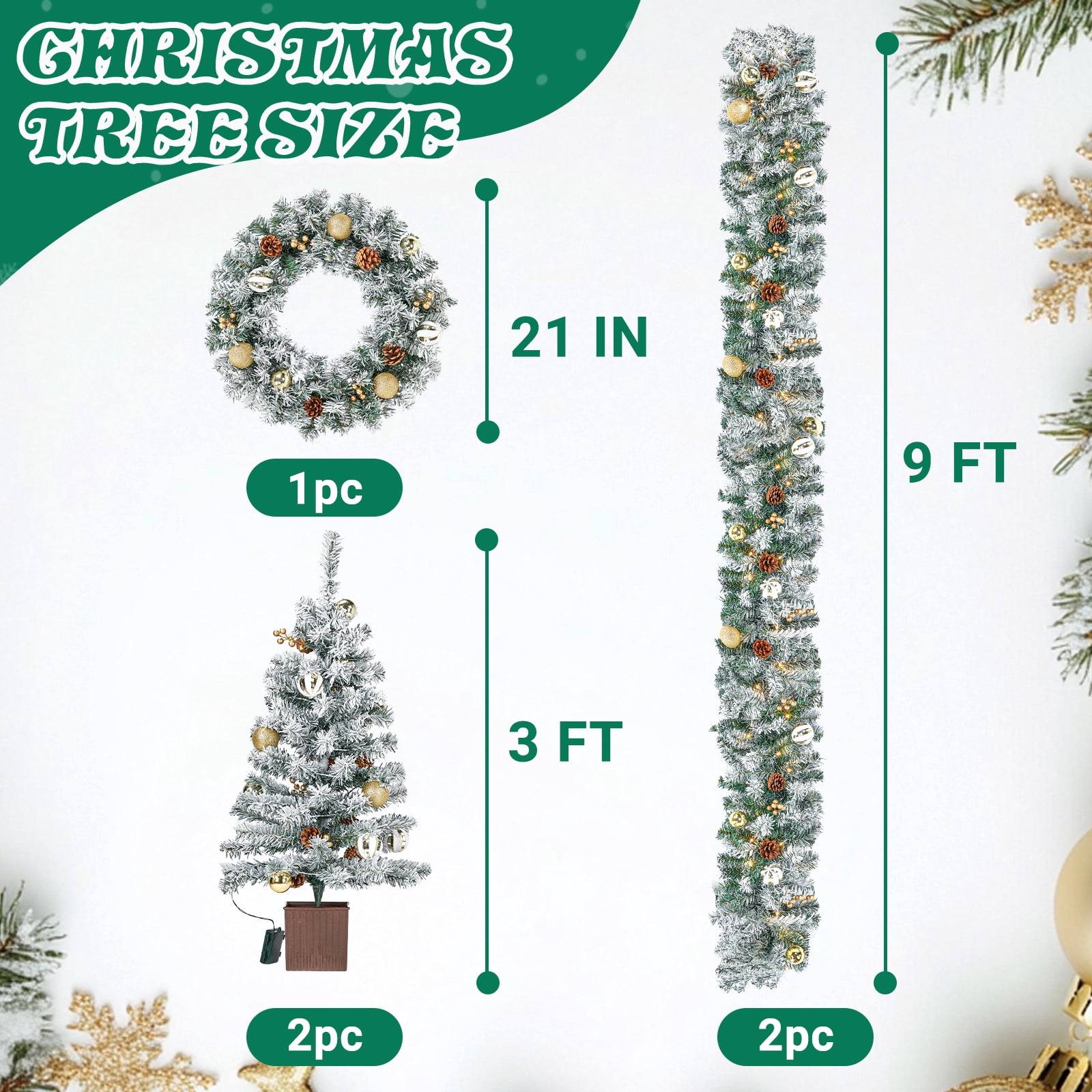 4-Piece Pre-Lit Snow Flocked Christmas Decor Set, 2x3FT Trees 21" Wreath 9FT Garland 230 Warm White LED 8 Modes Remote Control for Indoor Covered Outdoor Entryway Holiday Decor