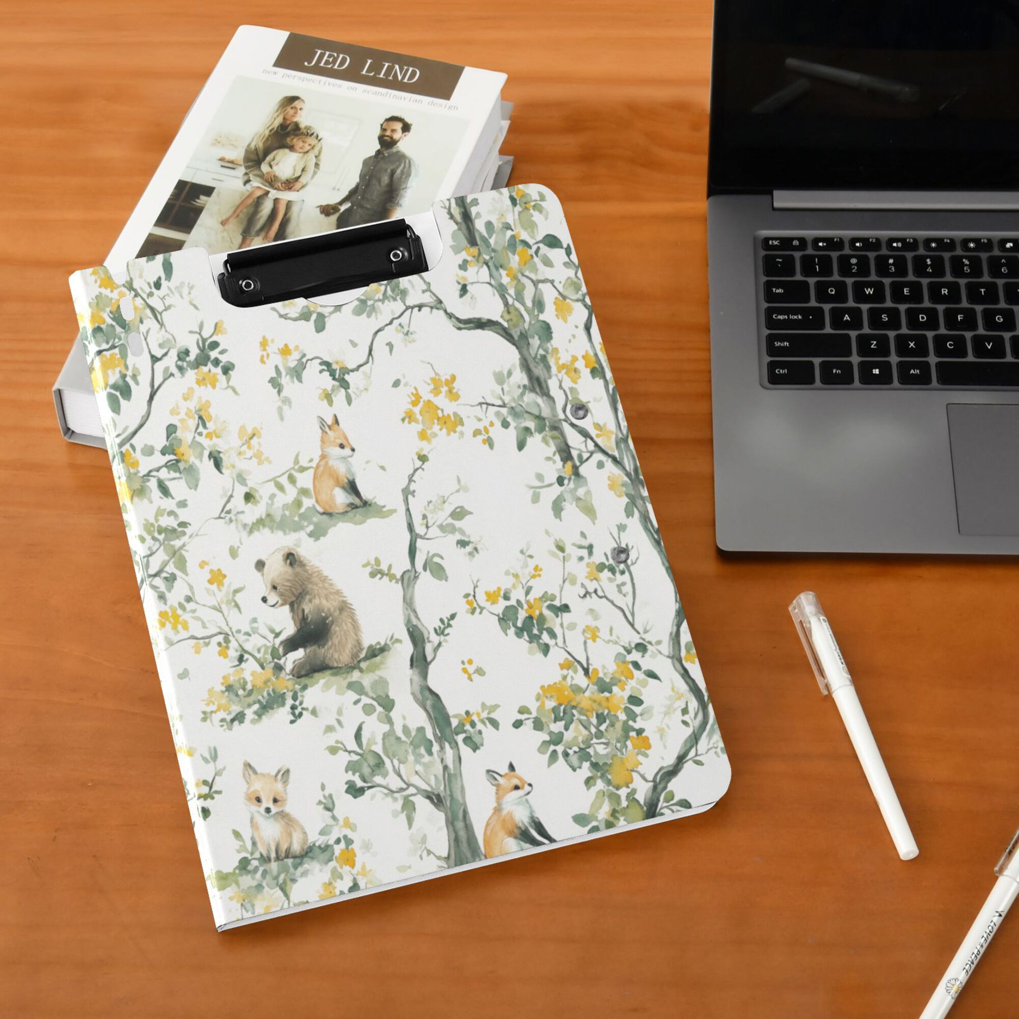 FORMRS A4 Clipboard Folder with Pen Holder Horizontal Foldable School Office Binder, Watercolor Forest Animals