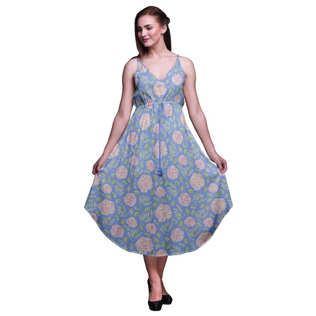Bimba Robe Midi d'Été Imprimée à Fleurs pour Femmes Col en V Tenue de Vacances-Moyenne