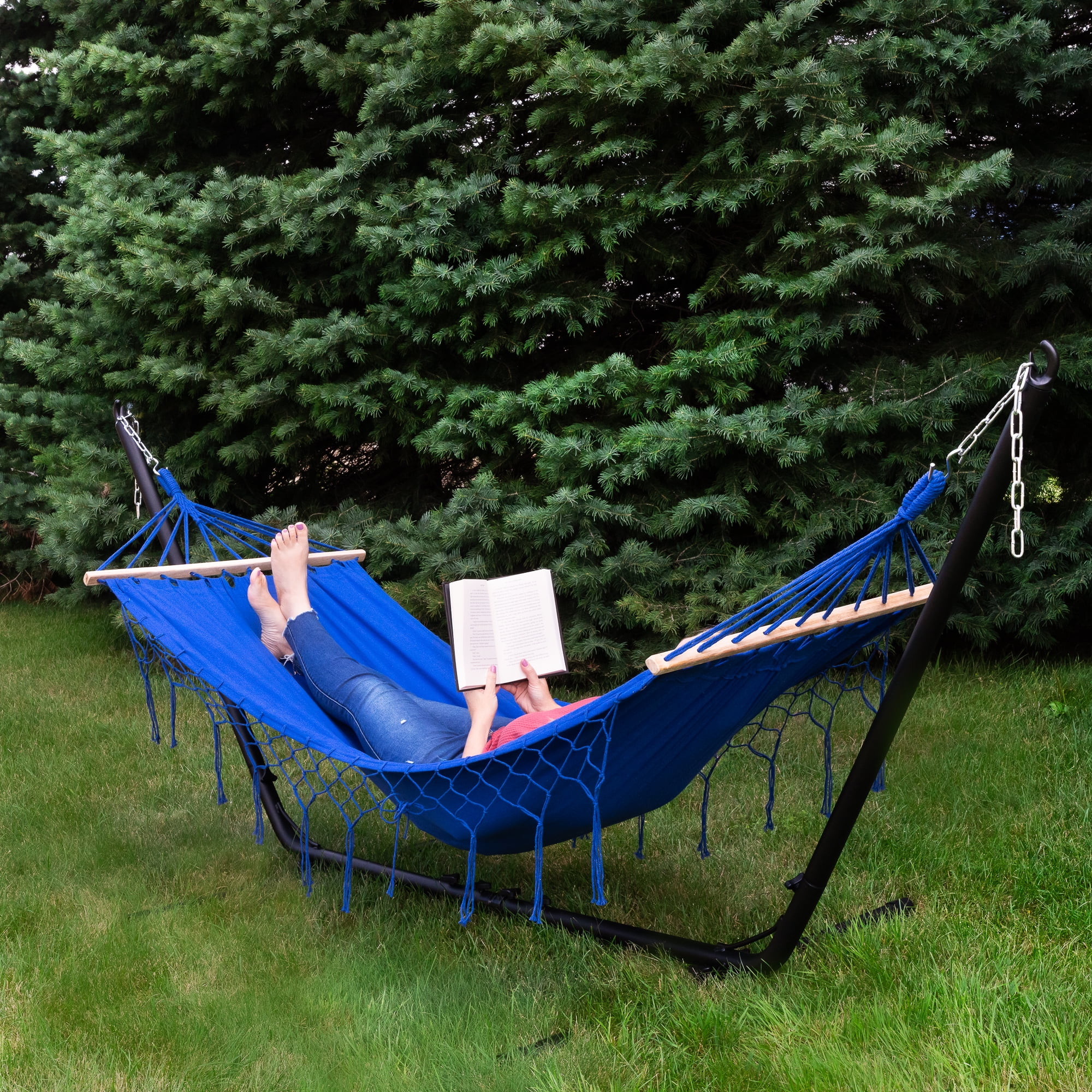 Northlight Hammock with Netted Fringe and Wooden Bars - 100" x 41" - Blue