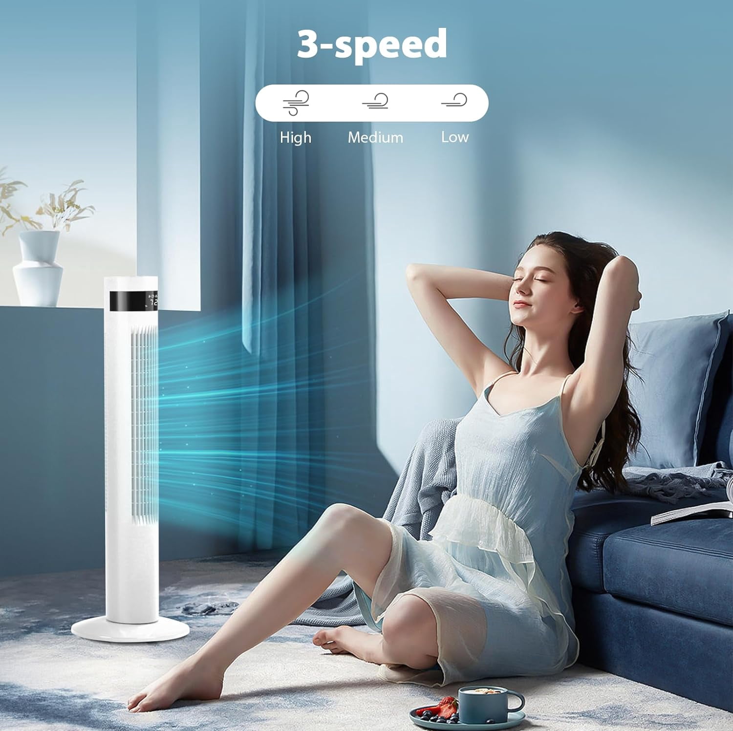 KISSAIR 35" Tower Fan Portable Floor Fans with Remote Control & 12H Timer 3 Speeds Wind 3 Modes , White