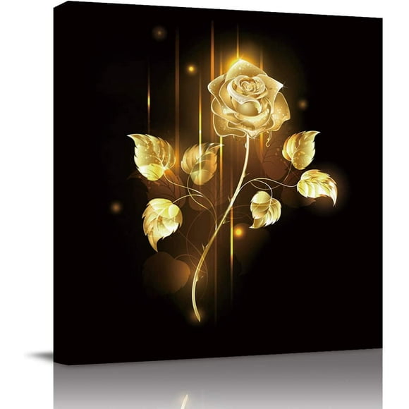 Canvas Wall Art Black and Golden Rose Gold Sparkle Flower Romantic Floral Picture Modern Artwork Printed on Canvas - Oil Painting for Wall Decor - Stretched and Framed Ready to Hang(16" x 16")