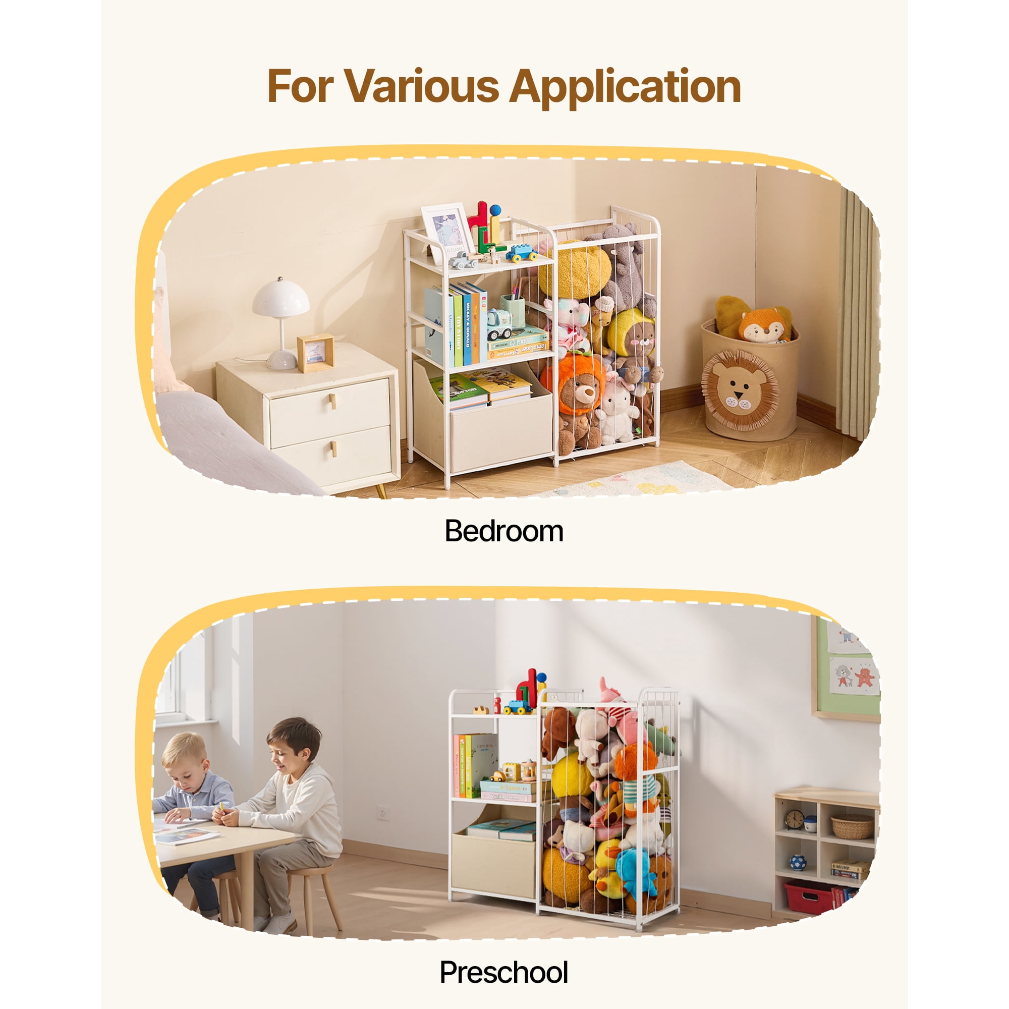KFFKFF Kids Bookshelf and Toy Organizer, 2-Tier Storage Shelf with Fabric Bin, Ideal for Books, Toys, and More in Kids' Rooms, Living Rooms, Entryways, Nurseries, and Preschools, White