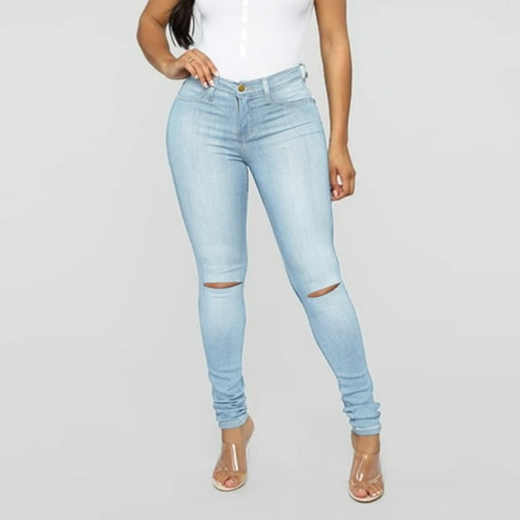 Womens Ripped Slim Fit Jeans Button Zipper Casual Wide Leg Slim Distressed Stretchy Denim Pants Blue XXL
