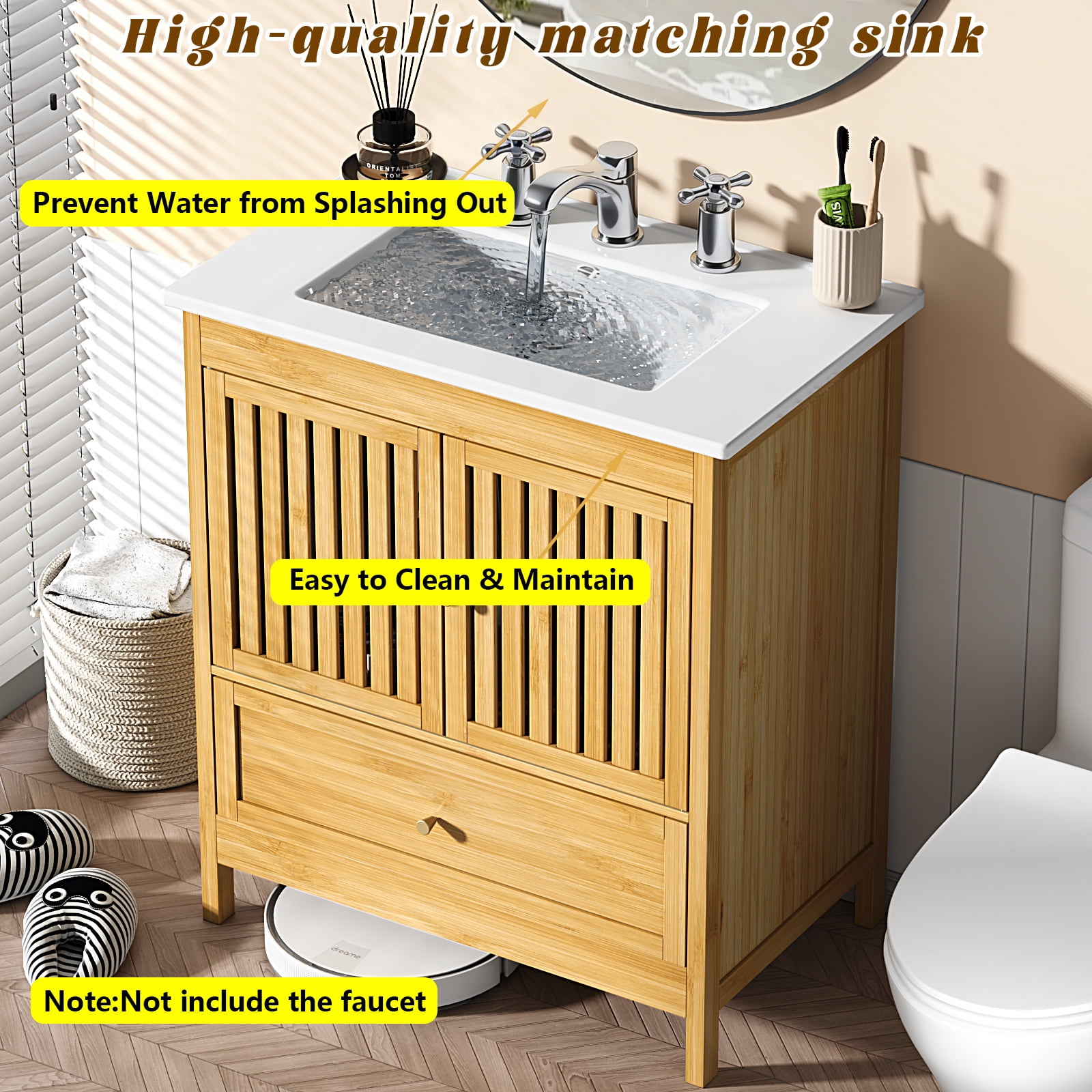 EVOKEDEN 30" Bathroom Vanity w/ Single Sink, Farmhouse Bamboo Storage Cabinet w/ Large Drawer & Built-in Shelves
