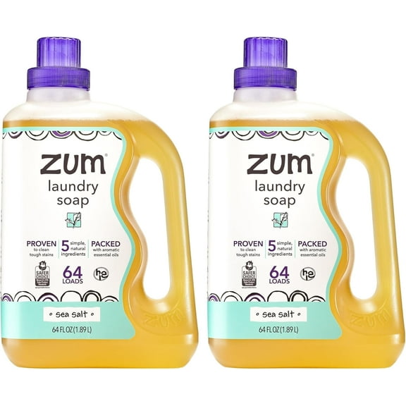 Zum by Indigo Wild Laundry Soap - Liquid, Plant-Based Soap with Baking Soda, Essential Oils, Coconut Oil & More - Wash Up to 64 Loads - Sea Salt - 64 fl oz (2 Pack)