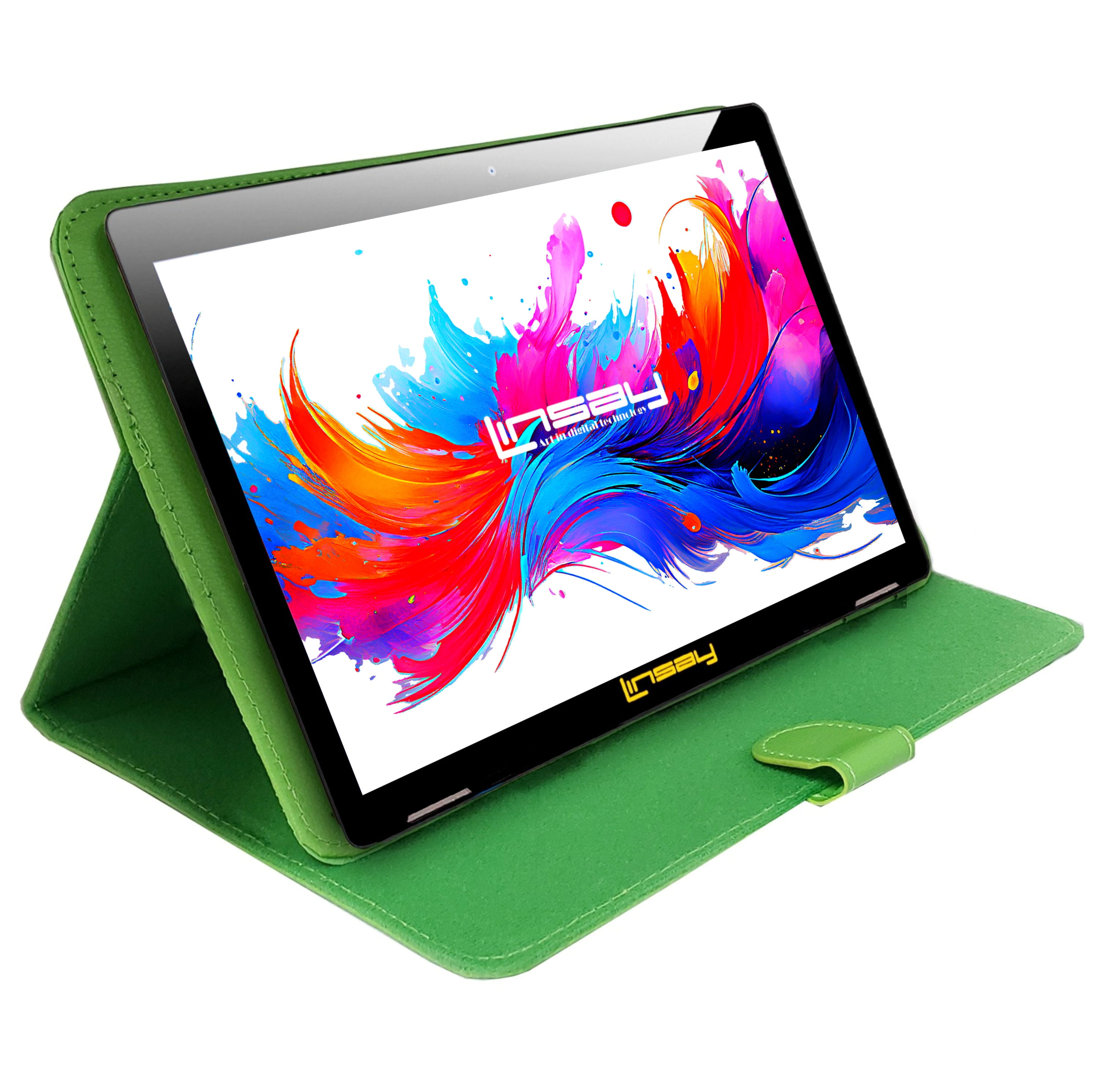 LINSAY 10.1" Octa Core 256GB Storage Android 15 Tablet with Green Leather Case