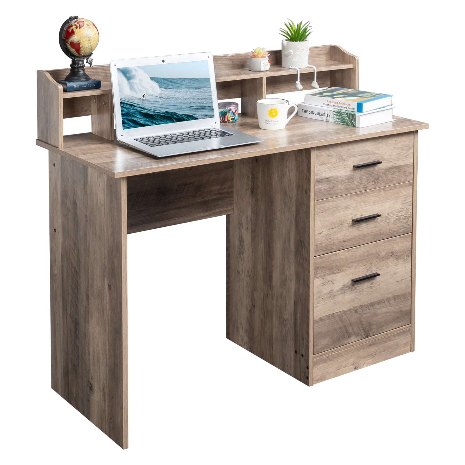 Ktaxon Gaming Desk with 3 Drawers, Computer Desk with Desktop Storage Rack&Anti-slip Separator for Home Office, Oak