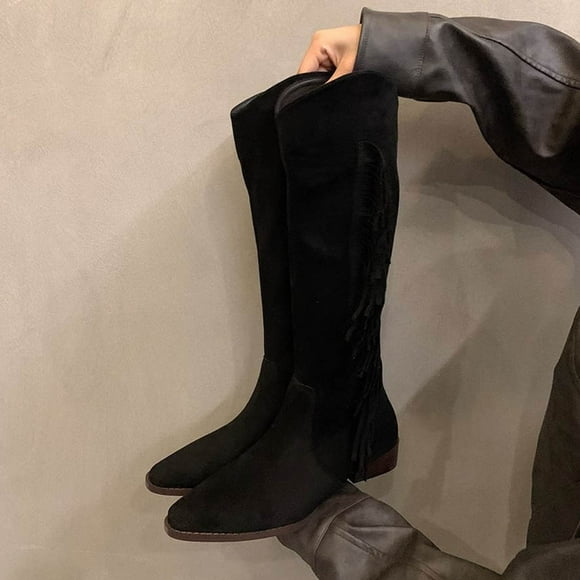 Aqestyerly Bottes pour Femmes Chaussures d'Hiver Bottes Cavalières Hautes à Lacets Franges d'Hiver Talon Bas Bottes Hautes