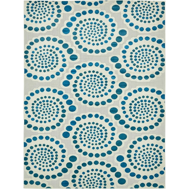 Unique Loom Modern Collection Carved Circles Transitional Indoor and Outdoor Flatweave Area Rug, 9 x 12 Feet, Ivory/Teal