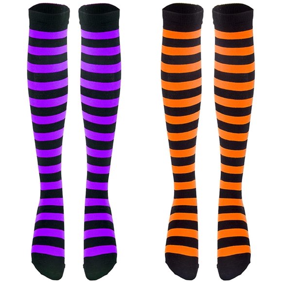 2 Pairs Long Black Striped Socks Over Knee Thigh High Stocking for Halloween Cosplay Costumes