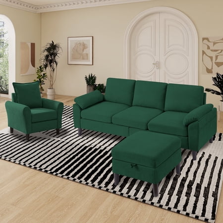 Pingliang Home Living Room Sectional Sofa with Storage Ottoman and Accent Chair,Single Chair Armchair and 3 Seat L Shaped Couch with Side Pockets for Home Apartment Office Studio