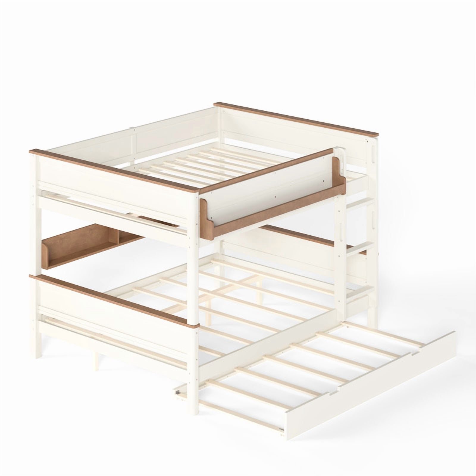Queen-Over-Queen Wooden Bunk Bed Frame with Trundle, Detachable Bed Convertible Into 2 Platform Beds, Kids Storage Bed with Shelf