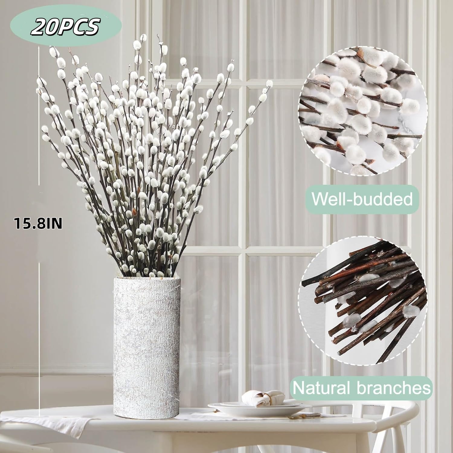 GIXUSIL Dried Pussy Willow Branches,15.8In Snow Willow Branches for Home Decor,Durable Dried Flowers for Indoor and Outdoor Decorations