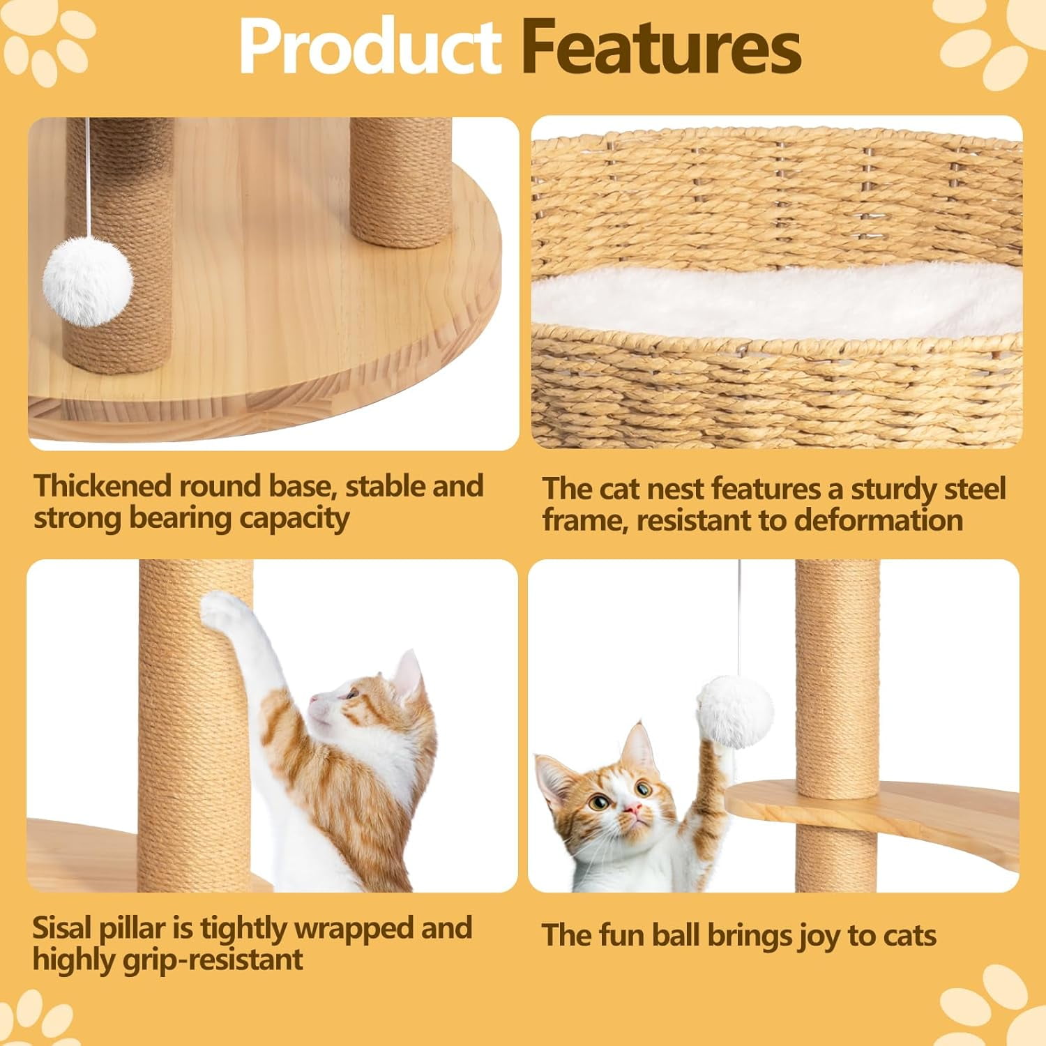 SHZOND Multi-Level Cat Tree Tower, 52" Oak Wood Cat Tree for Large Cats with 3 Weaving Cat Nests, Morden Cat Condo with 8 Scratching Posts for Indoor Cats, Cats Furniture Activity Center