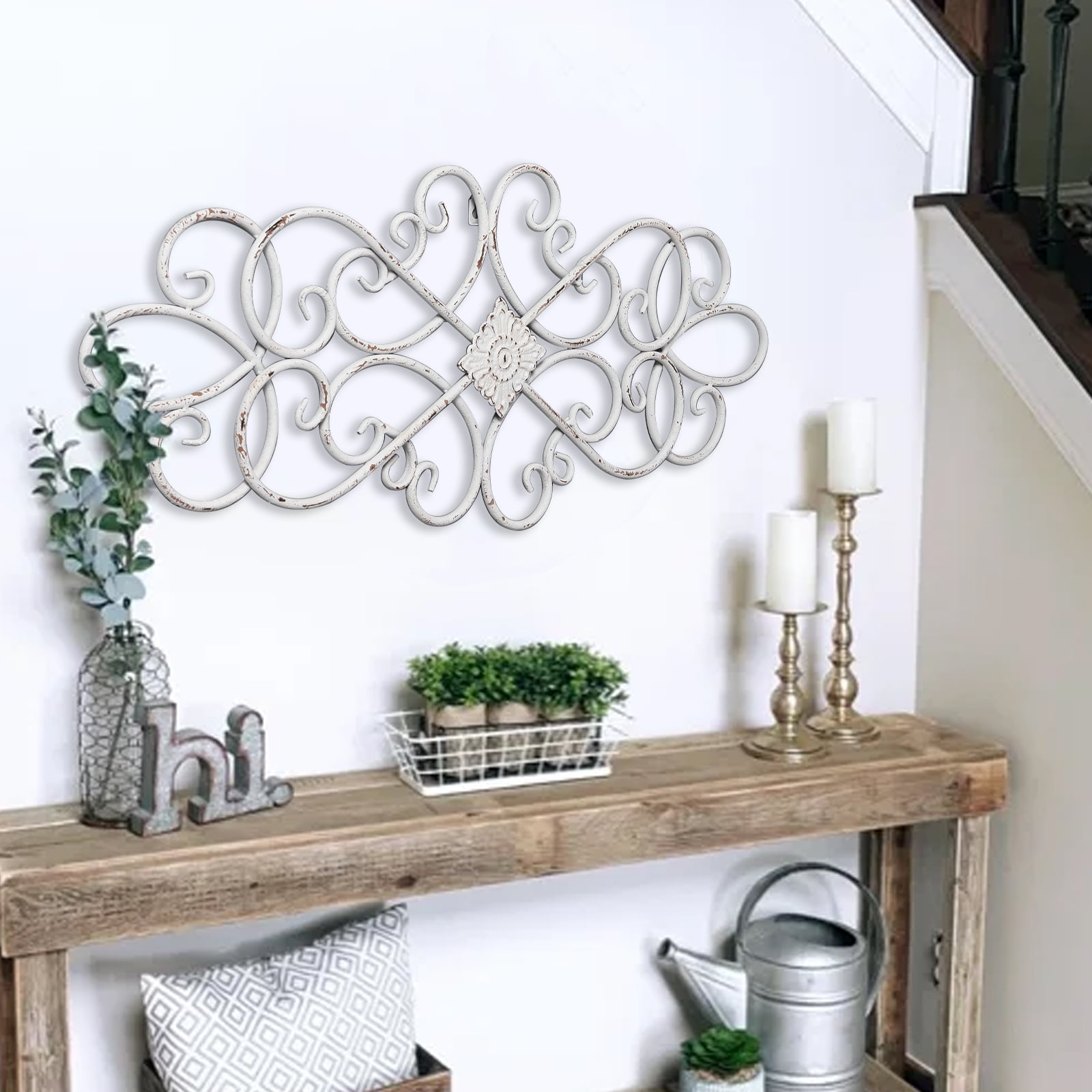 Sintosin White Flower Scroll Metal Wall Art Decor 32" x 13", Hanging