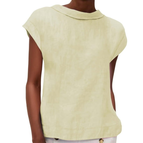 Tiqkatyck Tank Tops for Women Trendy Women's Fashion Casual Lapel Short Sleeve Solid Color Cotton Linen T Shirt Top Sleeveless Tunic Tops Summer Tops for Women Beige L