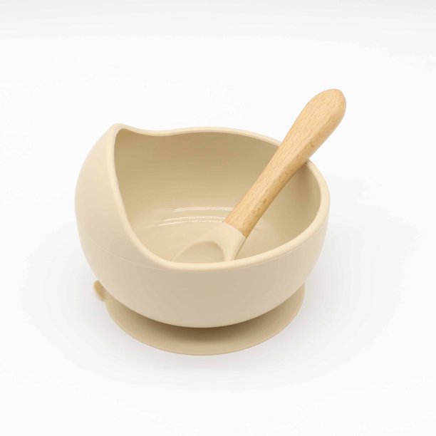 Cuenco para bebé, cuchara, vajilla para niños, mango de madera, cuchara de silicona, cuenco con ventosa para niños, cuenco de silicona para bebé