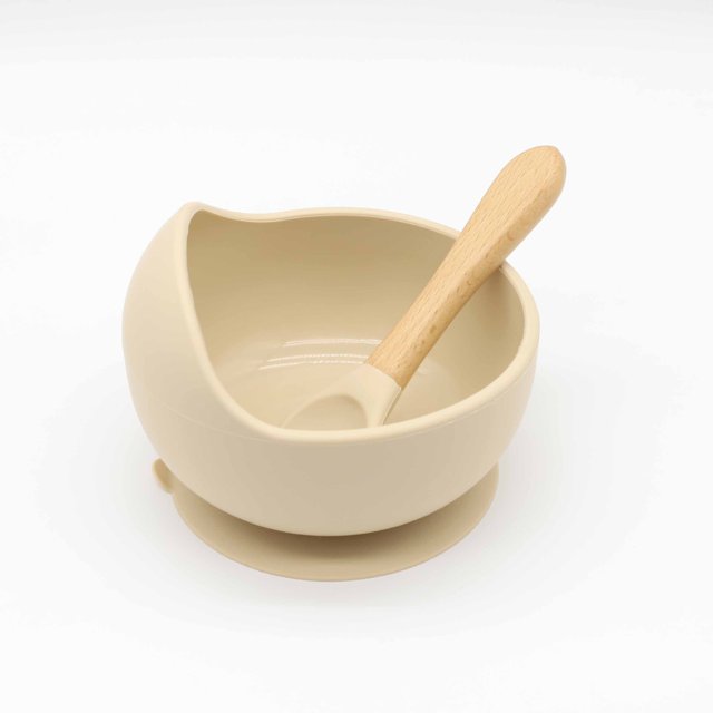 Cuenco para bebé, cuchara, vajilla para niños, mango de madera, cuchara de silicona, cuenco con ventosa para niños, cuenco de silicona para bebé