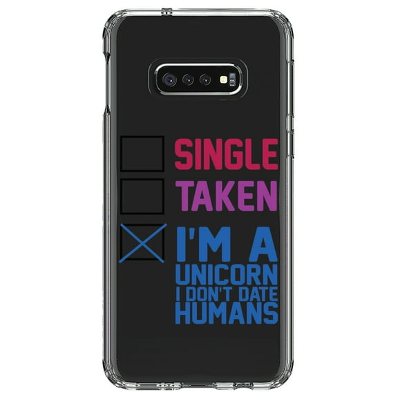 DistinctInk Clear Shockproof Hybrid Case for Samsung Galaxy S10e (5.8" Screen) - TPU Bumper Acrylic Back Tempered Glass Screen Protector - Single Taken I'm a Unicorn Don't Date Humans