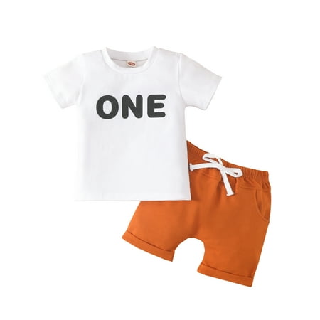 

aturustex Infant Baby Boy Summer Outfit Letter Short Sleeve T-Shirt Tops Solid Color Drawstring Shorts 2Pcs Casual Set