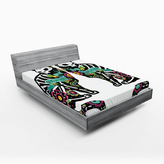 Ambesonne Celebration Fitted Sheet, Skeleton Cats Skull, Full Size, Turquoise White