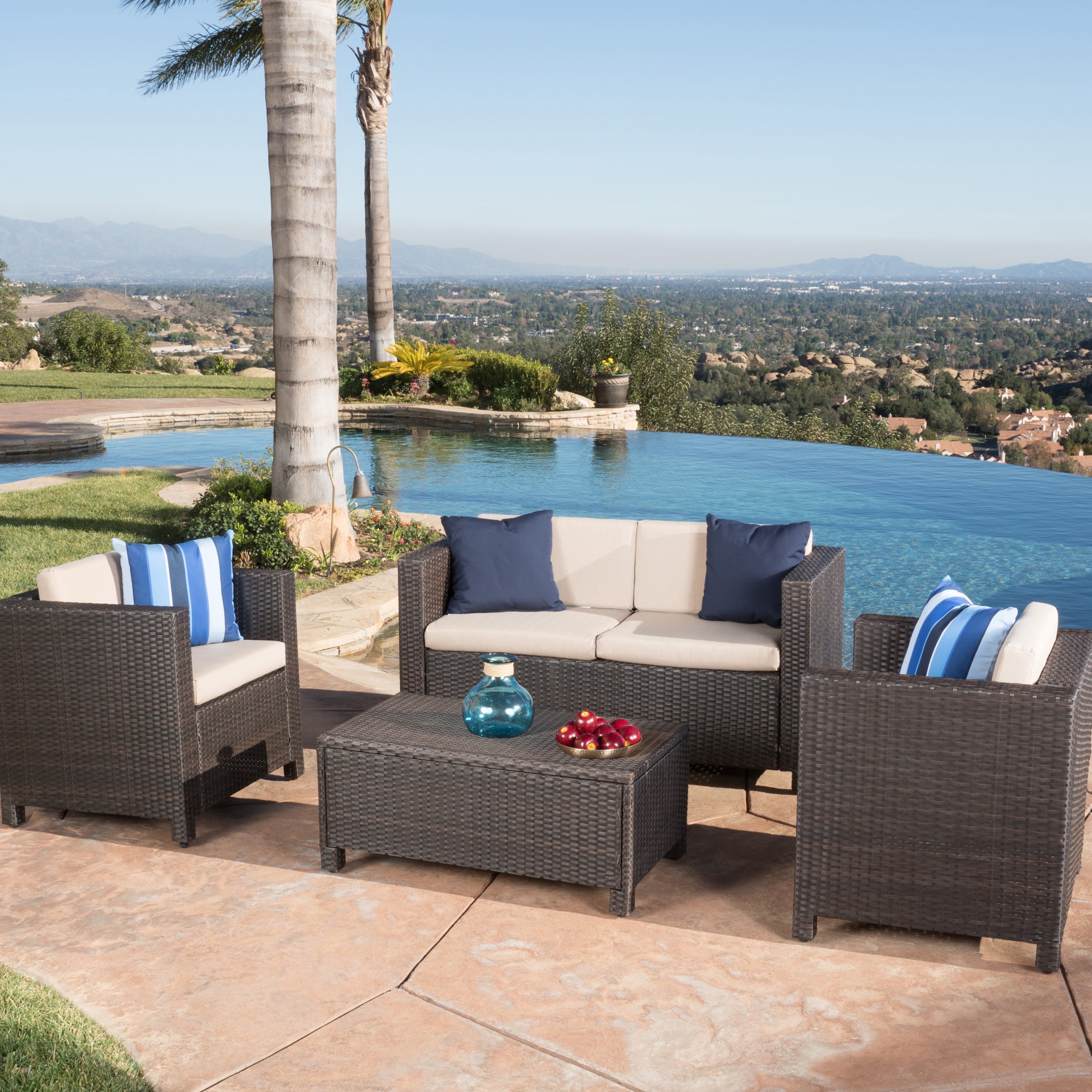 Outdoor Sofa Set 4 Piece, Patio Furniture Set, Wicker Sofa Set with Loveseat 2 Chairs Table, All-Weather PE Rattan and Water-Resistant Cushions, Modern Outdoor Seating, Dark Brown