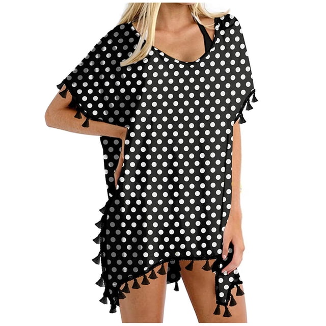 TIMIFIS Maillot de Bain à Franges pour Femmes Bikini Maillot de Bain Tenue de Plage Maillot de Bain Cover Ups pour Femmes Maillot de Bain Bikini Élégant Bordure Pompon Maillot de Bain - Été. une Paréo Ample en Mousseline Noire avec Pois Blancs, Manches Courtes et Bordure à Franges sur les Bords. Conçu pour les Tenues de Plage d'Été, Il Présente une Encolure Ronde et un Matériau Léger et Respirant. Convient aux Vacances Tropicales, aux Fêtes à la Piscine Ou aux Bains de Soleil.