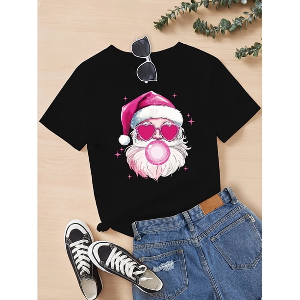 1pc Festive Cartoon Santa Print T-Shirt for Girls, Casual Round Neck Short Sleeve Knit Top, Cotton Summer Tee for Ages 8-14