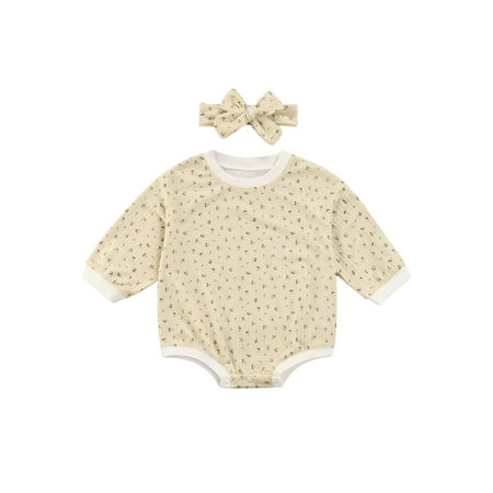 

Frobukio 2Pcs Newborn Baby Girls Floral Autumn Cotton Outfits Long Sleeve Waffle Bodysuit with Bow Headband Khaki 18-24 Months