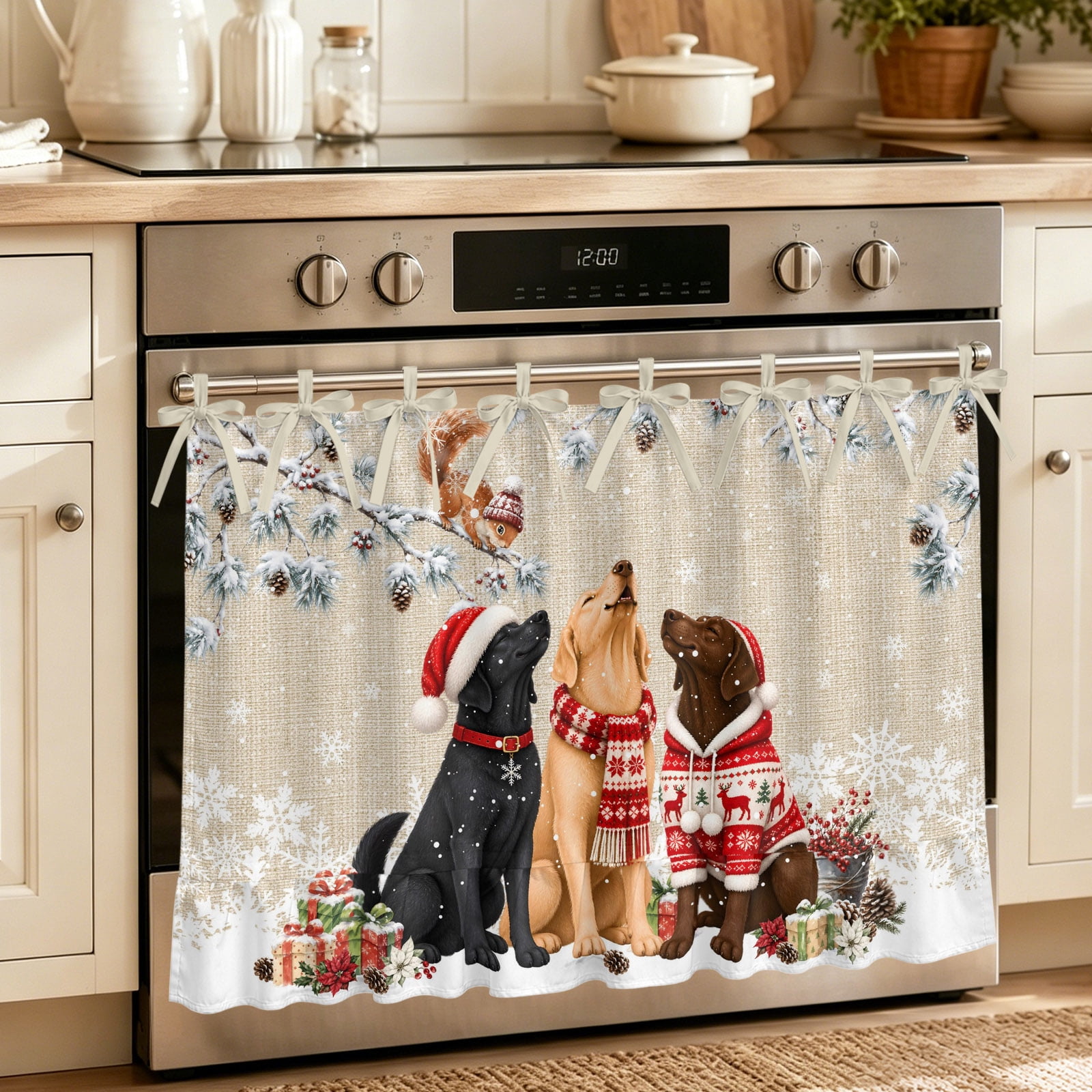 Oven Curtain for Kitchen Winter Labrador Dogs Stove Curtain With Ruffled Trim Dishwasher Curtains Christmas Squirrel on Linen Oven Skirt 32 x24