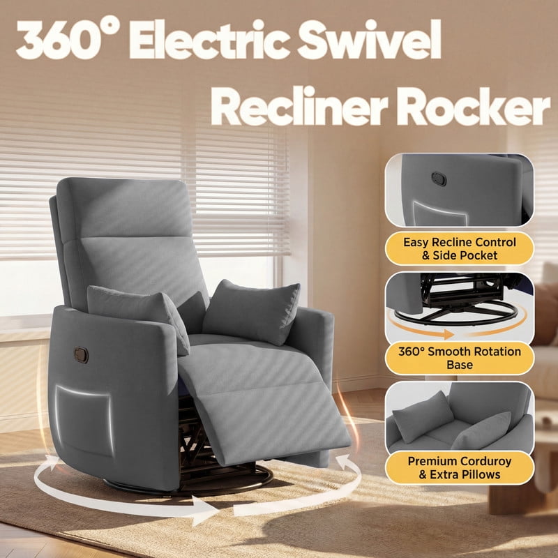 Lacoo 360° Swivel Recliner Chair Oversized Adult Nursery Glider Rocking Recliner Upholstered Electric Recliner Chair with 2 Pillows for Living Room,Linen Gray