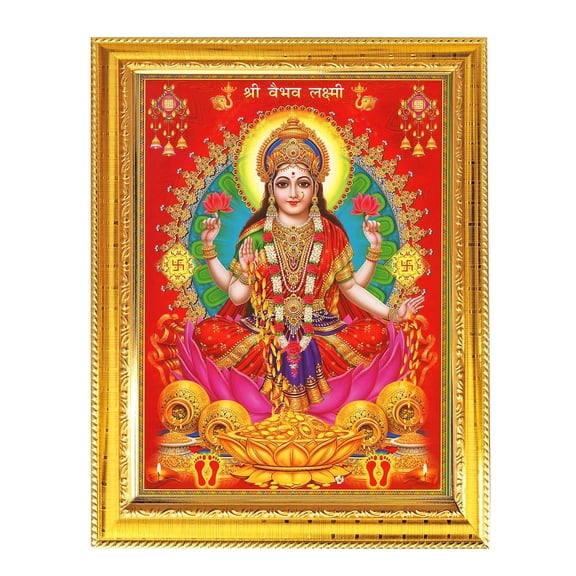 Maa Lakshmi God Photo With Golden Frames Wall Mount Table Decor 8.3X6.5 Inches
