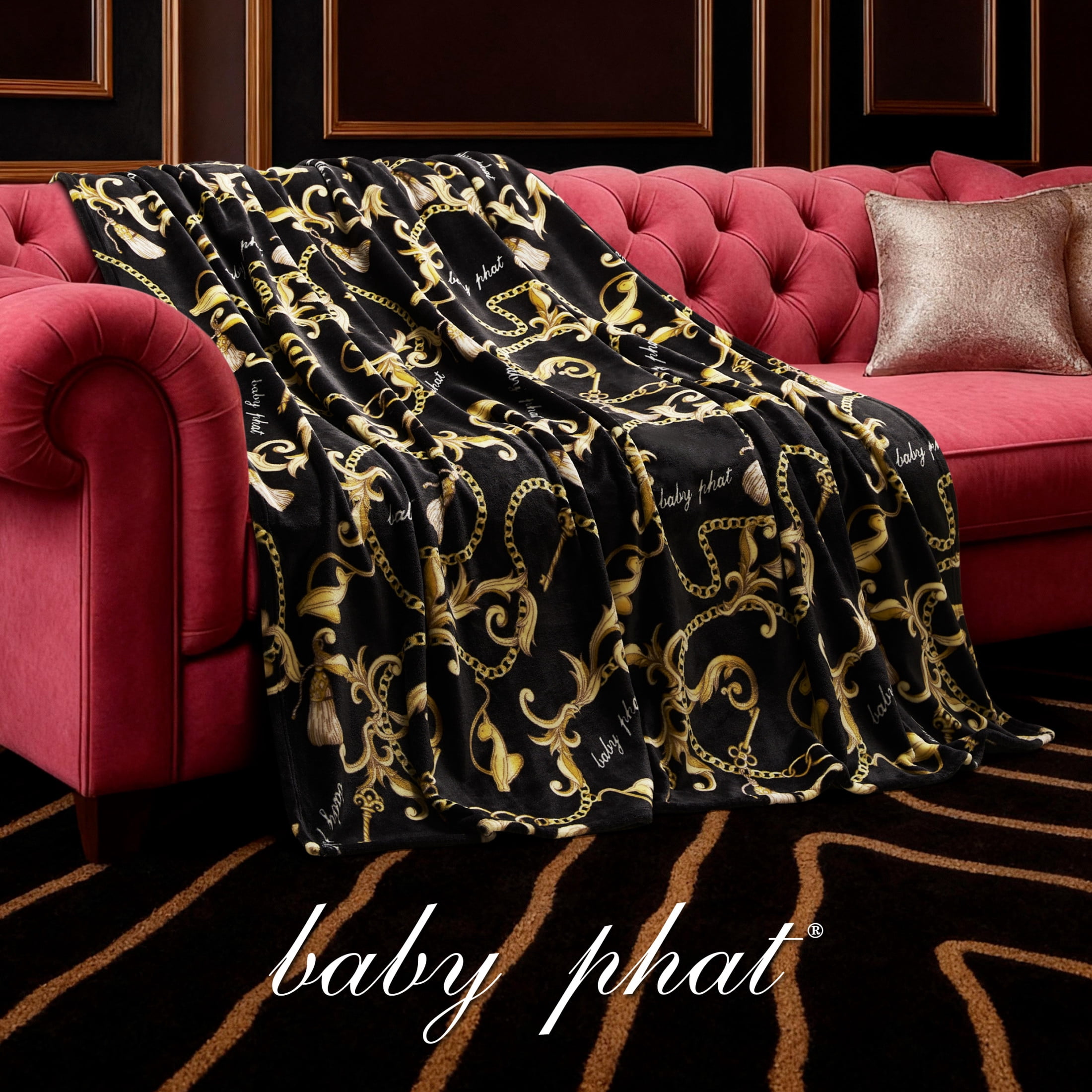 Baby Phat Oversized Plush Throw Blanket 60" x 70", Gold Chains Black