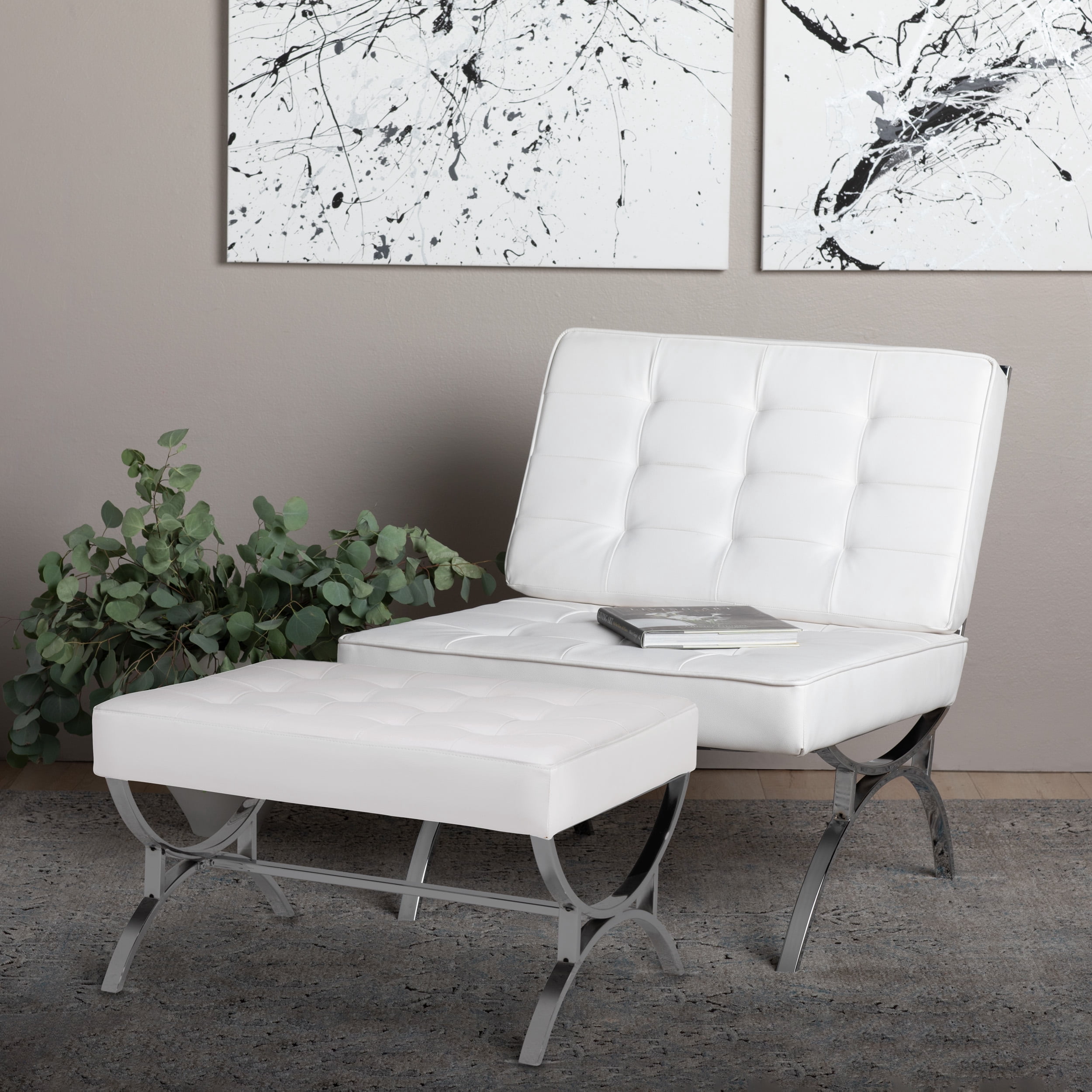 Studio Designs Home Newel Modern Square Ottoman Blended Leather and Chrome Metal Frame in Chrome and White