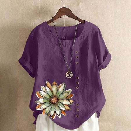 QUNYINEY Short Sleeve Women Tops Crew Neck Floral Casual Shirts Linen Pullover Loose Button Tops