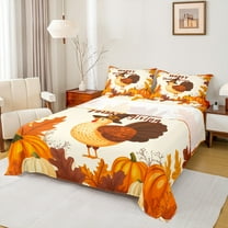 Manfei Happy Thanksgiving Twin Sheet Sets,Cute Turkey Twin Fitted Sheet,Rustic Pumpkin Maple Flat Sheet For Girl Kids,Luxury Bedroom Decor,3 Pieces