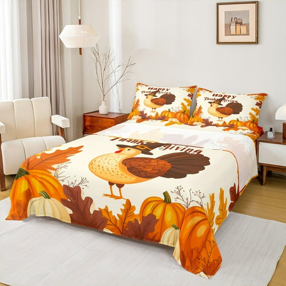 Manfei Happy Thanksgiving Twin Sheet Sets,Cute Turkey Twin Fitted Sheet,Rustic Pumpkin Maple Flat Sheet For Girl Kids,Luxury Bedroom Decor,3 Pieces