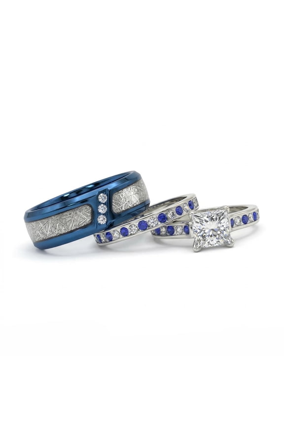 His and Hers Ring Couple Rings White Gold Plated Square 1CT Cz Womens Wedding Ring Sets Blue Titanium Steel Mens Wedding Bands