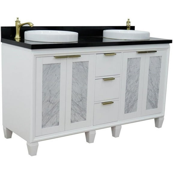 Trento 61" Double Round Sink Solid Wood Vanity in White/Black Galaxy